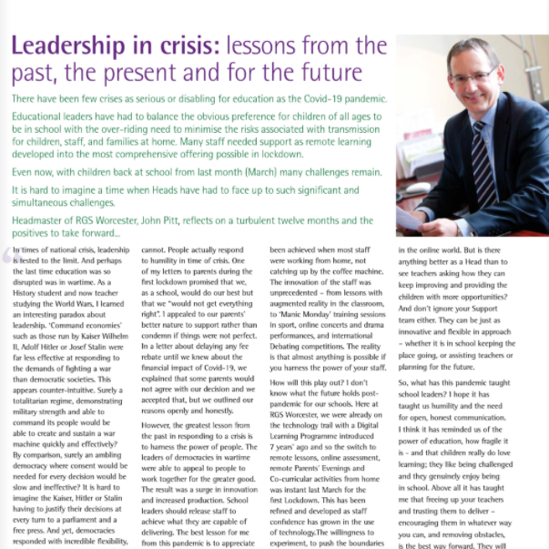 Headmaster Pens Article about Lessons of the Past, Present and for the Future